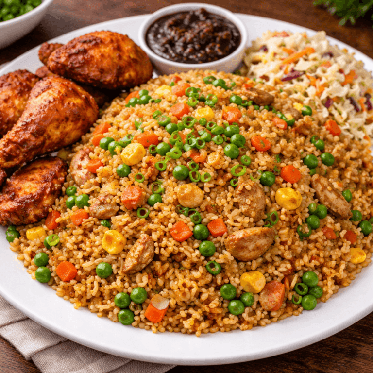 Delicious Ghanaian fried rice with chicken and salad.